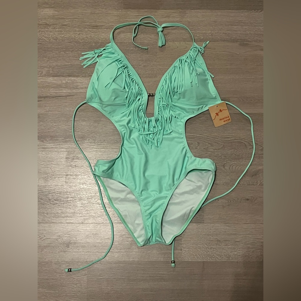 NWT Marina West Mint Monokini w/ Fringe M